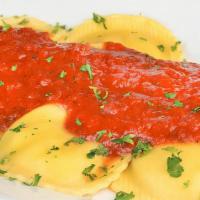 Cheese Ravioli · Nut  free. Four cheese ravioli with choice of sauce Add sauce, cream for an additional charge.