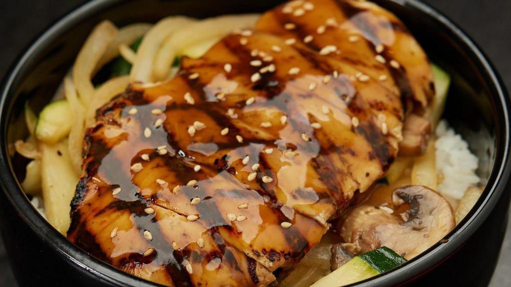 Chicken Teriyaki Bowl · Grilled chicken served over rice with sauteed zucchini, mushrooms, and onions, topped with teriyaki sauce