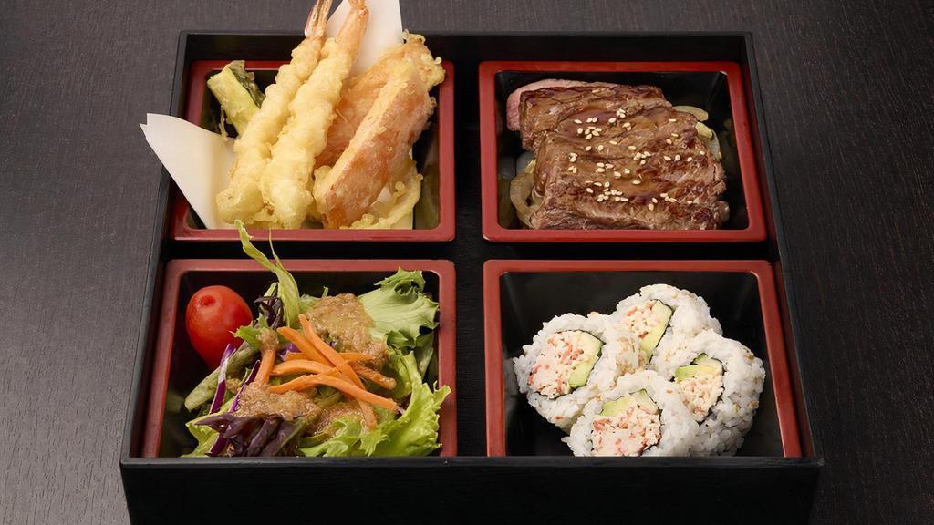 Shogun California Roll† Bento · Half California Roll† with your choice of Beef Teriyaki, Chicken Teriyaki, Chicken Katsu or Salmon Teriyaki