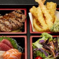 Shogun Sashimi* Bento · Two pieces each of Tuna, Yellowtail and Salmon with your choice of Beef Teriyaki, Chicken Te...