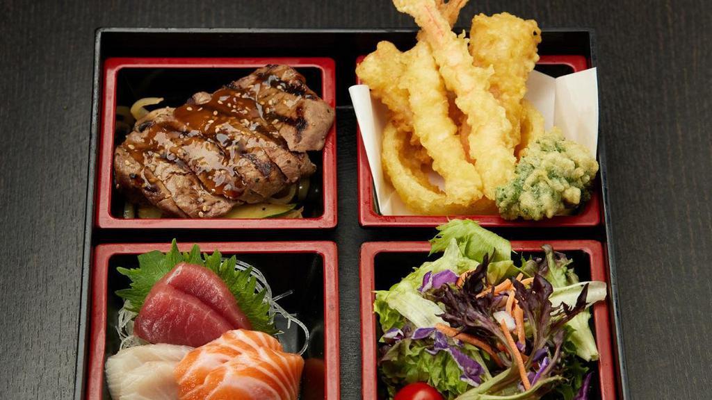 Shogun Sashimi* Bento · Two pieces each of Tuna, Yellowtail and Salmon with your choice of Beef Teriyaki, Chicken Teriyaki, Chicken Katsu or Salmon Teriyaki