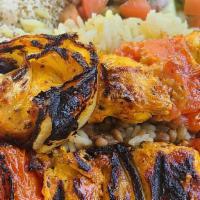 Chicken Kabob Plate · with grilled tomatoes, onions and side of Israeli salad, rice and hummus