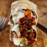 Steak N' Cheesy Chipotle Burrito · asada marinated grilled angus steak, melted queso, chipotle sour cream, mezclajeté smoked ho...