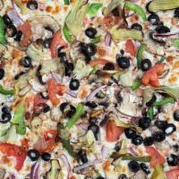 Veggie Pizza · Roma tomatoes, mushrooms, red onions, green peppers, black olives, artichokes, garlic, tomat...