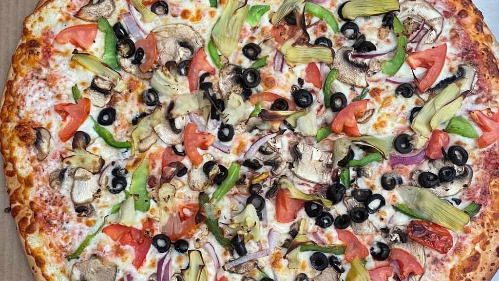 Veggie Pizza · Roma tomatoes, mushrooms, red onions, green peppers, black olives, artichokes, garlic, tomato sauce, mozzarella cheese.