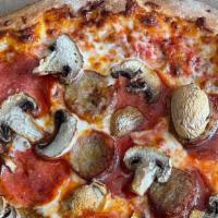 Pepperoni, Mushroom & Sausage Pizza · Pepperoni, mushrooms, sausage, tomato sauce, mozzarella cheese.