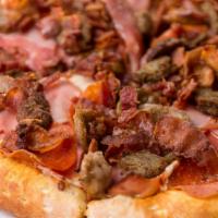 Meat Lover'S Pizza · Pepperoni, salami, ham, sausage, crisp bacon, meatballs, tomato sauce, Mozzarella cheese.