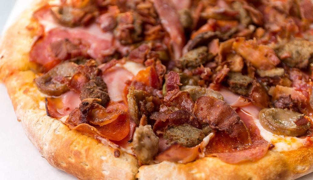 Meat Lover'S Pizza · Pepperoni, salami, ham, sausage, crisp bacon, meatballs, tomato sauce, Mozzarella cheese.