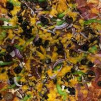 Mega Topper Pizza · Pepperoni, ham, meatballs, sausage, mushrooms, red onions, green peppers, black olives, toma...