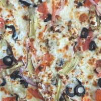 Artichoke & Feta Cheese Pizza · Roma tomatoes, red onions, artichoke hearts, black olives, garlic, olive oil, feta & Mozzare...