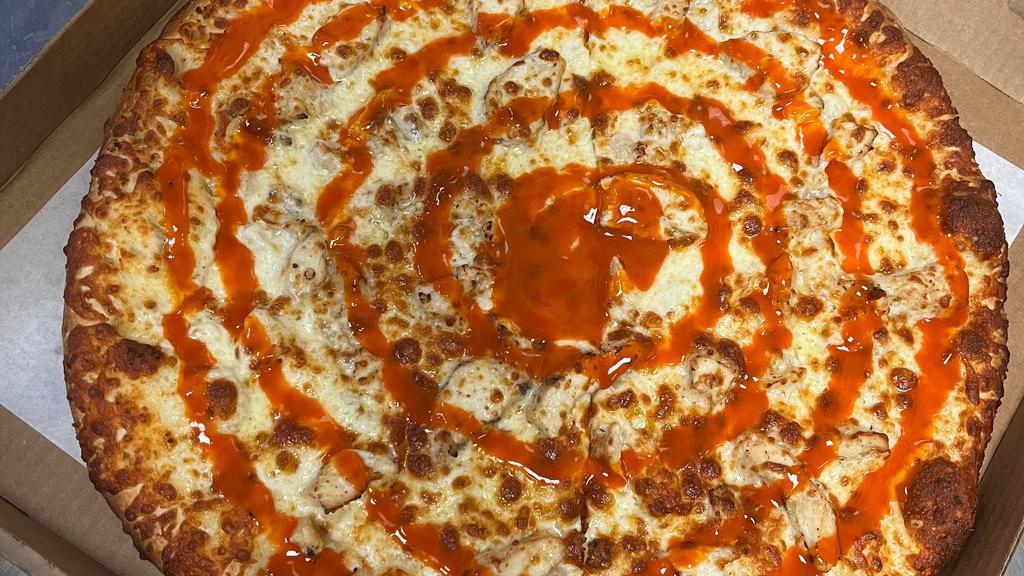 Buffalo Chicken Pizza · Buffalo sauce, grilled chicken breast, Mozzarella cheese, choice of ranch or Blue Cheese dressing drizzled on top.
