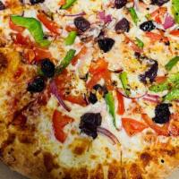 The Greek Pizza · Roma tomatoes, red onions, green peppers, kalamata olives, garlic, olive oil, feta & Mozzare...