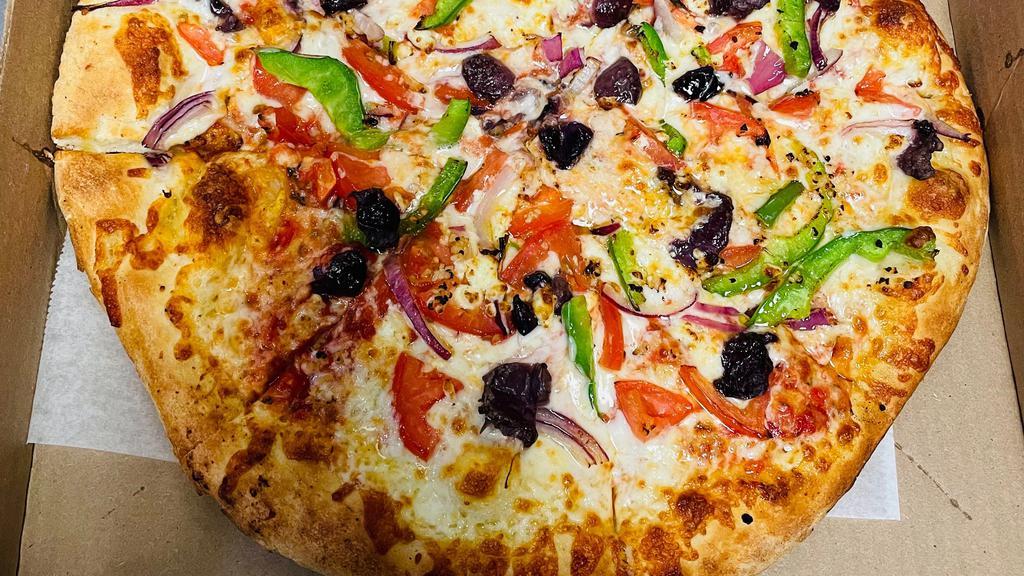 The Greek Pizza · Roma tomatoes, red onions, green peppers, kalamata olives, garlic, olive oil, feta & Mozzarella cheese.