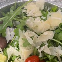 Arugula & Avocado Salad · Arugula, avocado, cherry tomatoes, Parmesan cheese, Kalamata olives, served with Balsamic Vi...