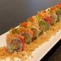 Absolutely Amazing Roll · Real crab, avocado and cucumber topped with fresh salmon, tuna, shrimp, onion and crunchy cr...