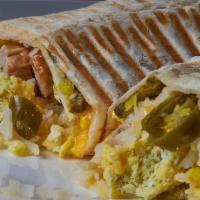 Sausage Breakfast Burrito · Eggs, pork sausage, hash browns, cheddar cheese, jalapeño peppers, and flour tortilla.