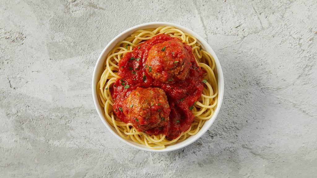 Spaghetti With Meatballs · Spaghetti in pasta sauce topped with 2 100% all-beef meatballs