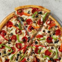 Supremo · Pepperoni, Italian sausage, roasted mushrooms, yellow onions, green and red peppers, black o...
