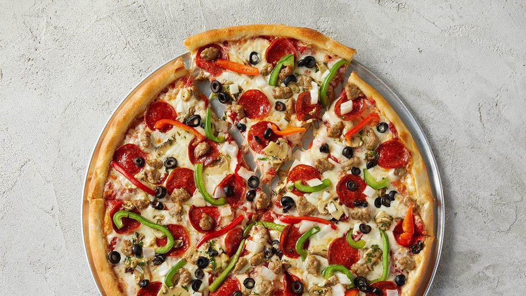 Supreme · Pepperoni, Italian sausage, roasted mushrooms, yellow onions, green and red peppers, black olives and 100% whole milk mozz.