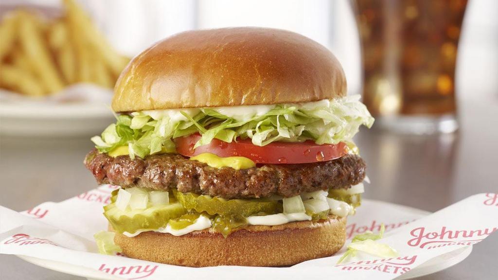 The Original · The burger that started it all. A single 1/4 lb. patty made of 100% fresh, never frozen certified angus beef, grilled to perfection and topped with lettuce, tomato, chopped onion, relish, pickles, mustard and mayo.