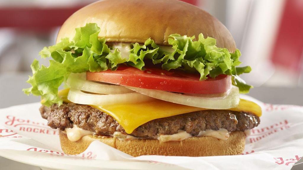 Rocket Single · Burger blastoff! A single 100% fresh, never frozen certified angus beef patty, grilled to perfection is topped with cheddar cheese, lettuce, tomato, sliced onion and our homemade Special Sauce.