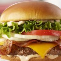 Bacon Cheddar · Pig out on this burger featuring crispy bacon and cheddar cheese atop a 100% fresh, never fr...