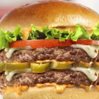 Spicy Houston Double · Doubly smokin’ hot! This burger features two 100% fresh, never frozen certified angus beef p...