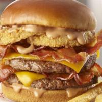 Smoke House Double · Rustle up double hunger for this burger featuring two 100% fresh, never frozen certified ang...