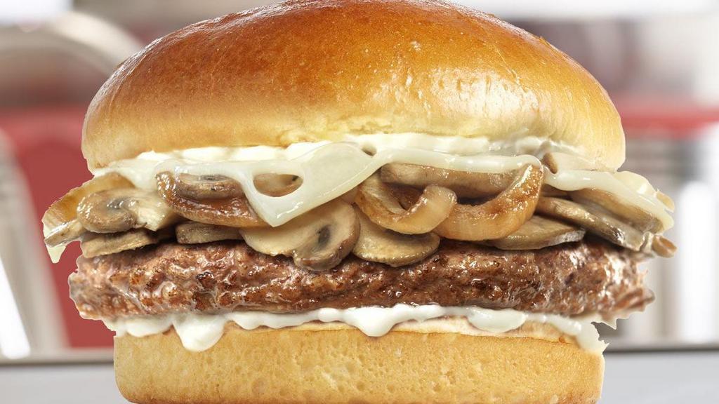 Route 66 · Get your kicks with this burger featuring a single 100% fresh, never frozen certified angus beef patty, grilled to perfection and topped with swiss cheese, grilled mushrooms, caramelized onions and mayo.