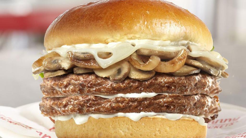 Route 66 Double · Double the kicks in this burger featuring two 100% fresh, never frozen certified angus beef patties, grilled to perfection and topped with swiss cheese, grilled mushrooms, caramelized onions and mayo.