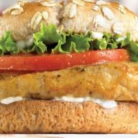 Grilled Chicken Sandwich · A juicy grilled chicken breast is topped with lettuce, tomato and mayo on a whole wheat bun.