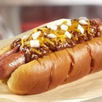 Rocket Chili Dog · To-chili delicious! This beefy hot dog smothered in our all-meat chili, topped with diced on...