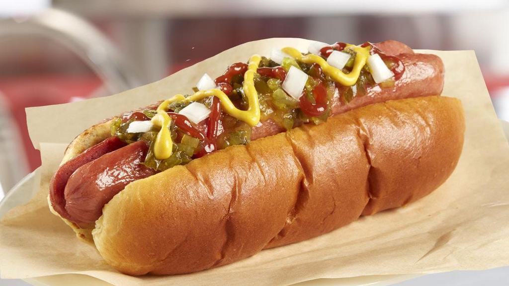 Rocket Dog · Lift off and sink your teeth into this beefy hot dog, piled high with any of the following toppings:  ketchup, mustard, relish or onion.