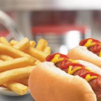 Kids Hot Dog · Ready for launch, this beefy dog is topped with their choice of ketchup, mustard, relish or ...