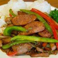 Chicken And Sausage Plate · Best of both worlds, chicken and portugese sausage plate with bell pepper veggies and onion,...
