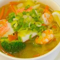 Seafood Noodle Soup · Delicious warm seafood noodle soup includes shrimp, mini scallops and veggies. Certainly wil...