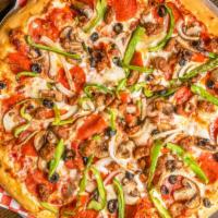 Deluxe · Pepperoni, Italian sausage, mushrooms, black olives, onions and green peppers.