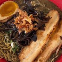 Kai'S Black Ramen · Salt base pork soup, thin noodle, Mayu black garlic oil, pork belly, flavored egg, scallion,...