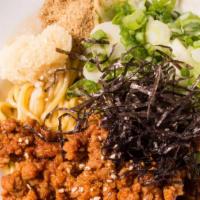 Dry Ramen · No soup ramen, medium-sized noodles, topped with flavory ground pork which is mildly spicy, ...