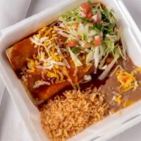 2 Enchiladas · Two Enchilada Plate with Rice and Beans. 
Protein Choices: (Beef, Chicken, or Cheese)