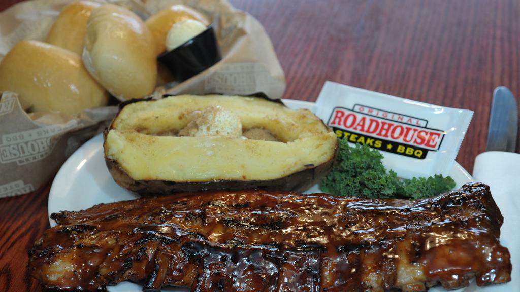 Baby Back Bbq Ribs · Choose a half rack or a full rack of our deliciously tender, fall-off-the-bone pork ribs that are finished off on our mesquite grill with our Original Roadhouse BBQ sauce