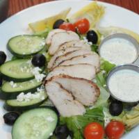 Harvester'S Special · Crisp romaine, artichoke hearts, cured black olives, crumbled feta cheese, sliced cucumber a...