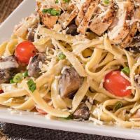 Fs Tombstone Chicken Pasta · Creamy parmesan sauce tossed with baby-Bella mushrooms, artichoke hearts, tomatoes & green o...