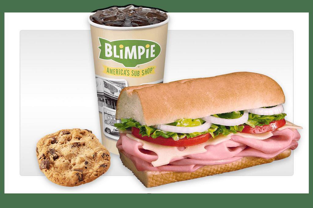 Rg Ham & Swiss Combo · Slow-cured ham, swiss made the BLIMPIE® WAY with tomatoes, lettuce, onion, vinegar, oil and oregano. Served with regular fountain drink, chips or cookie.