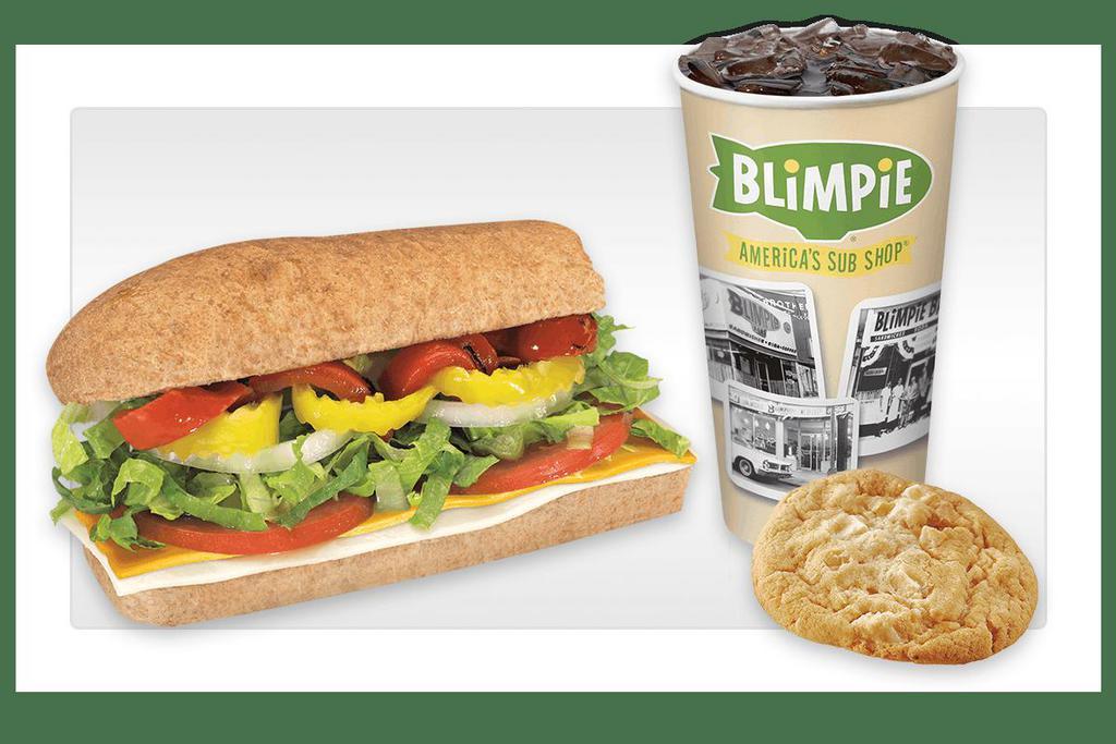 Rg Veggie & Cheese Combo · American, provolone, lettuce, tomatoes, onion, banana peppers, roasted red peppers, vinegar, oil and oregano. Served with regular fountain drink, chips or cookie.