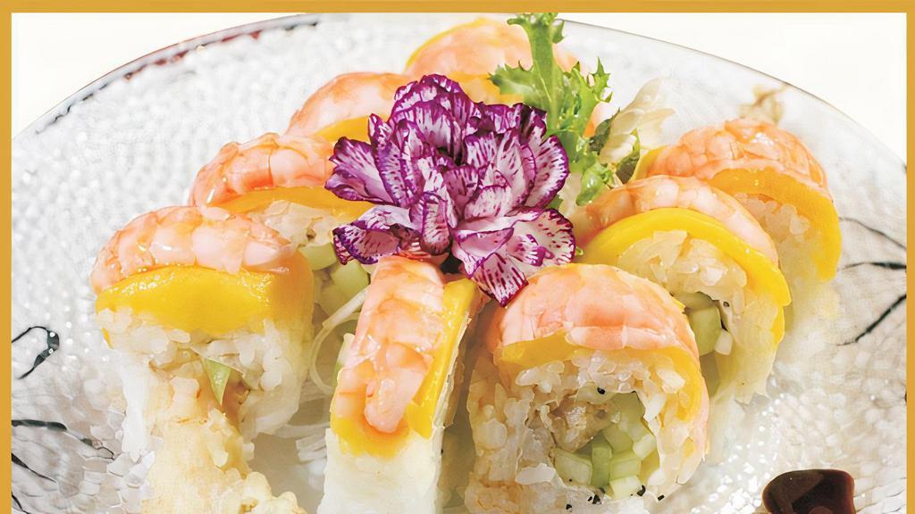 Sexy Mango Roll · Shrimp tempura, cucumber, topped with shrimp, mango, soy wrapped and light mayo, house sauce.