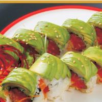 Lyon'S Roll · Spicy. Spicy tuna, salmon, crab with avocado on top with house sauce.