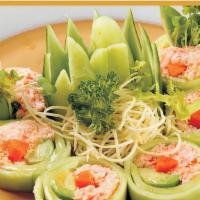 Cucumber Special Roll · Real crab, gobo, avocado bean sprout wrapped with cucumber and house sauce.