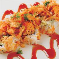 Kingster Roll · Baked crawfish, avocado and masago, green onion on top with sweet sauce.