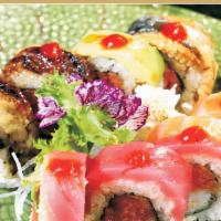 Crazy Spicy Roll · Shrimp tempura. Spicy tuna topped with salmon, eel, white tuna and special hot spicy house s...